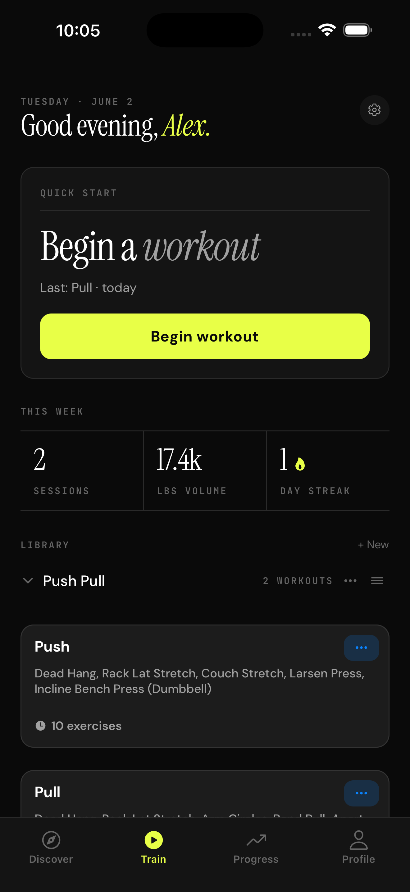 Hoyro home — begin a workout and weekly stats